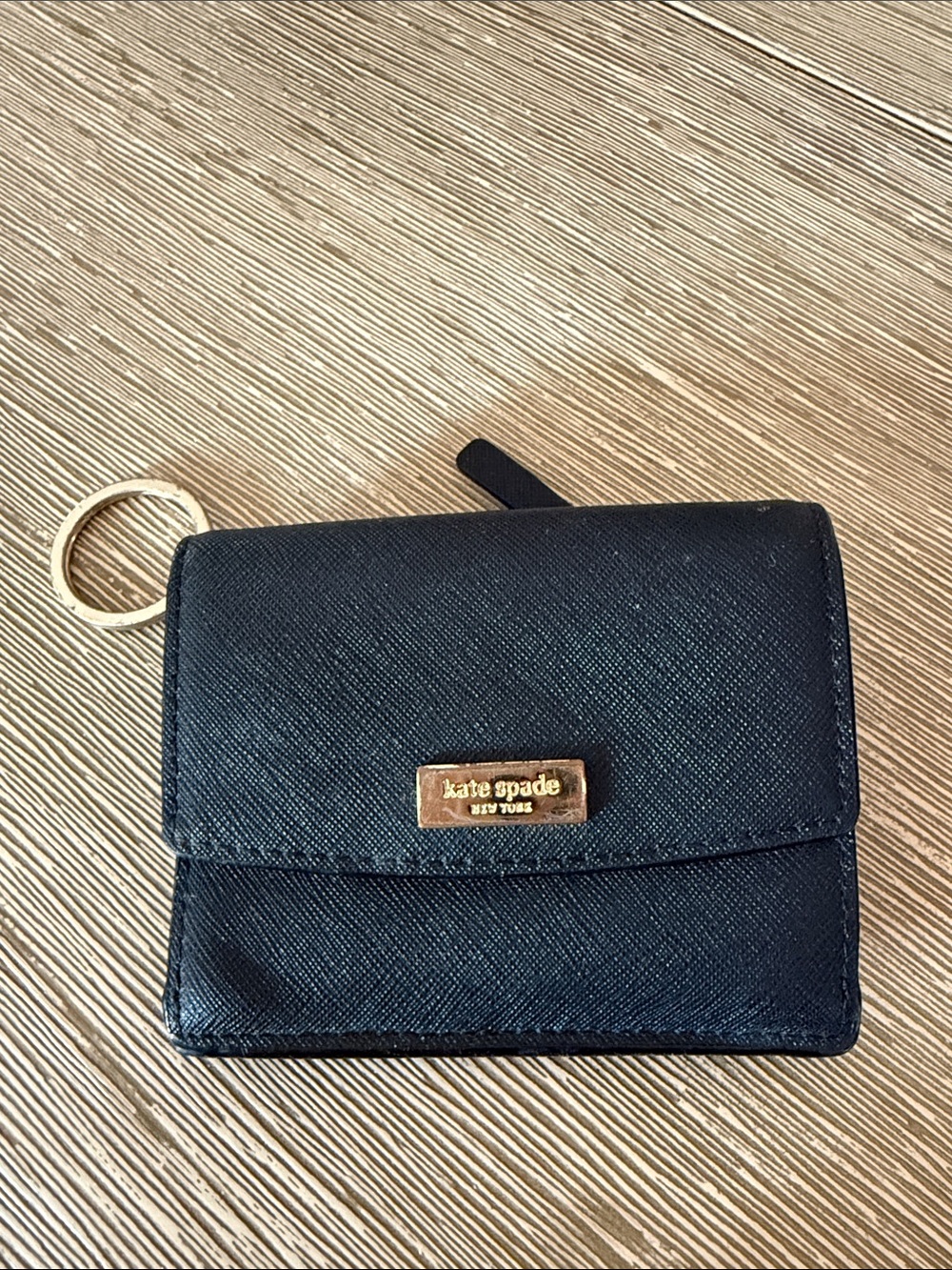 kate spade Black Saffiano Compact Wallet with Gold Key Ring